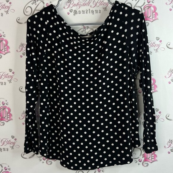 H&M long sleeve dotted shirt stretchy Black and White Polka Dot Blouse - Picture 1 of 10